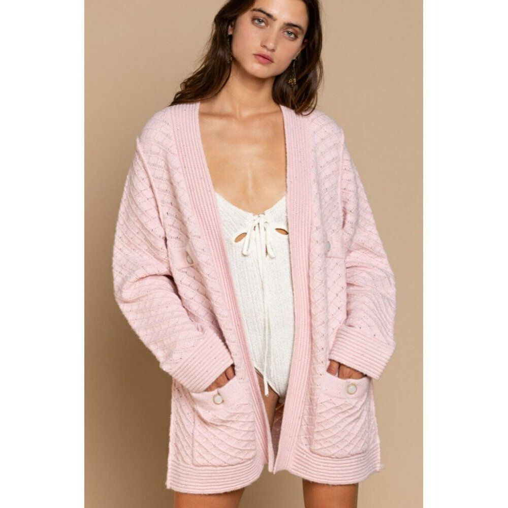 POL Clothing Women's Baby Pink Luxe Open Cardigan Sweater with Buttons YST174 - Picture 5 of 12